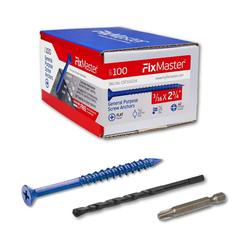 FixMaster 3/16 x 2-3/4" Countersunk Phillips Flat Head Blue Concrete Screw Anchors (100 pcs Screw Kit) with one Screwdriver and Drill Bit for Concrete, Masonry, Block, Brick and Wood Fastening - Image 1